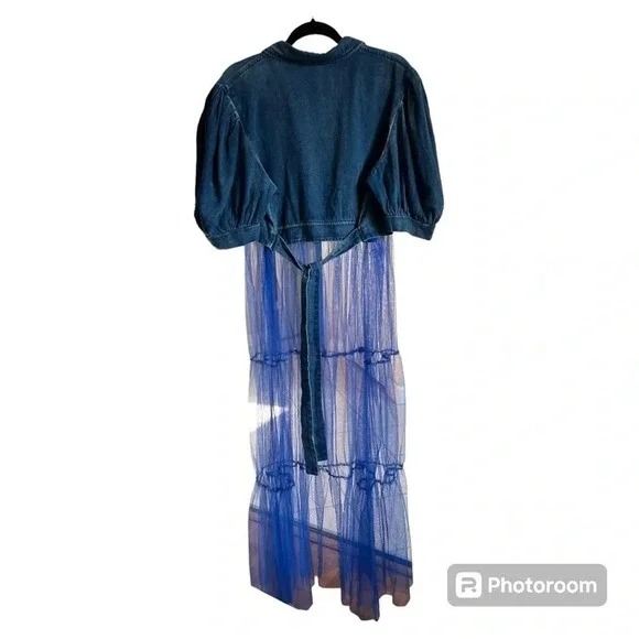 XPLUS WEAR Short Puffed Sleeves Tie Waist Tiered Tulle Hem Denim Blouse size 3XL - Picture 4 of 7